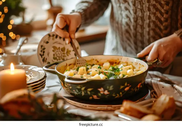 Woman Serving Potatoes From Green Pot for Dinner