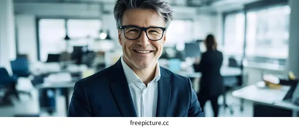 Smiling Businessman In Office,  Caucasian Man In Suit