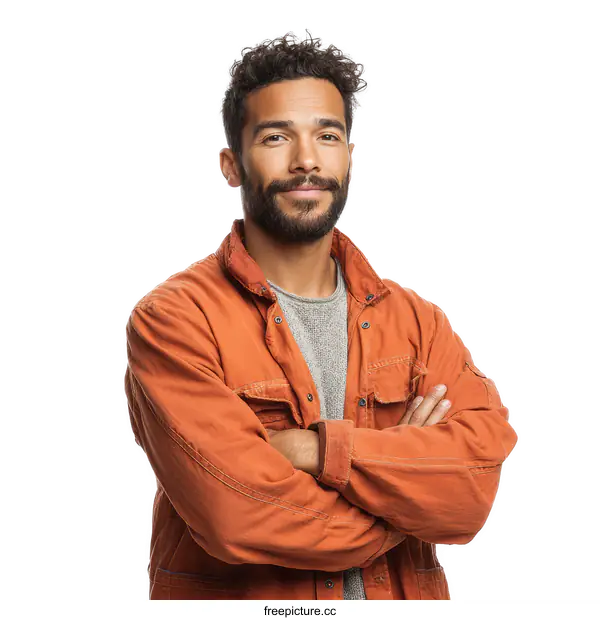[Transparent Background PNG]Confident Man in an Orange Jacket