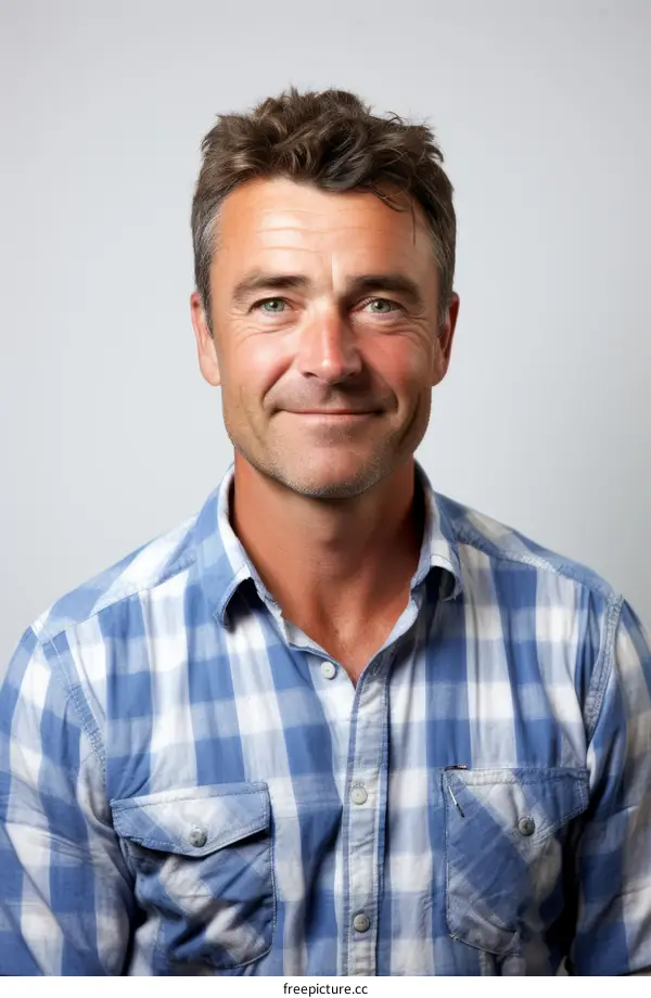 Portrait of a man in a blue and white plaid shirt