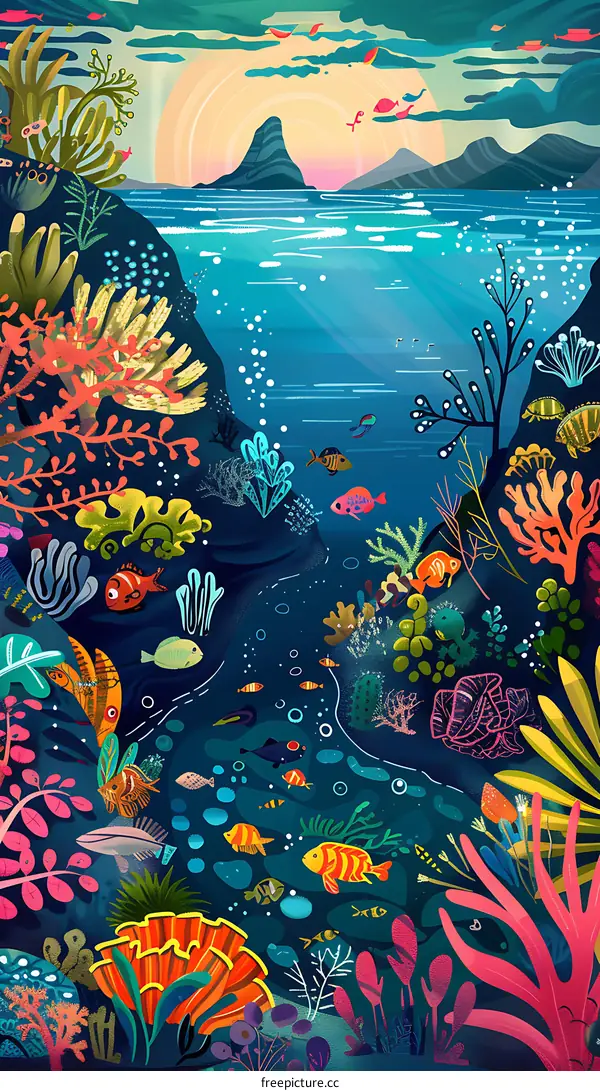 Colorful Underwater World with Fish and Coral Reefs