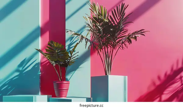 Tropical Plants on Blue and Pink Wall Minimalist Interior Design