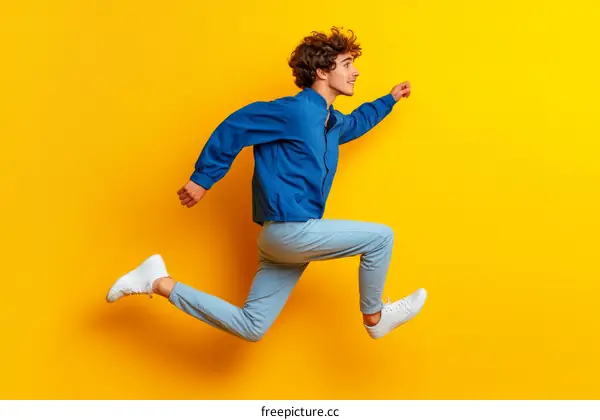 Man in Blue Jacket Jumping and Running