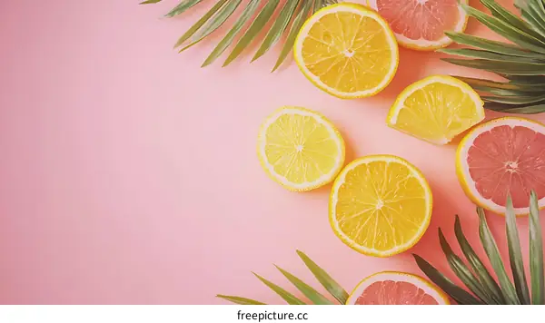 Pink Background with Slices of Oranges, Grapefruit and Palm Leaves