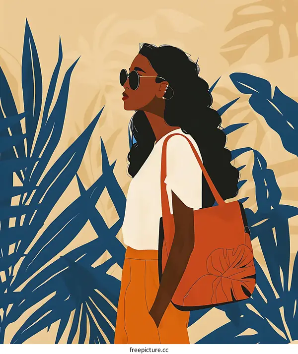 Woman with Long Black Hair and Sunglasses Standing in Front of Tropical Plants