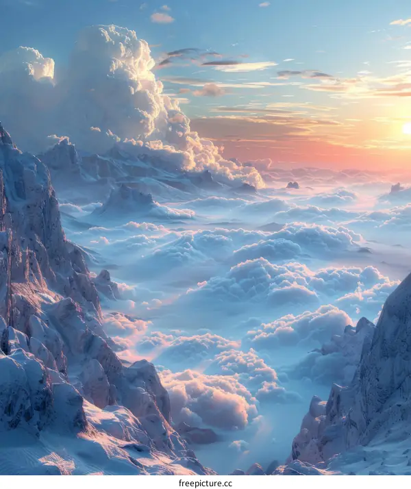 Snowy Mountain Peaks Among Fluffy Clouds at Sunrise