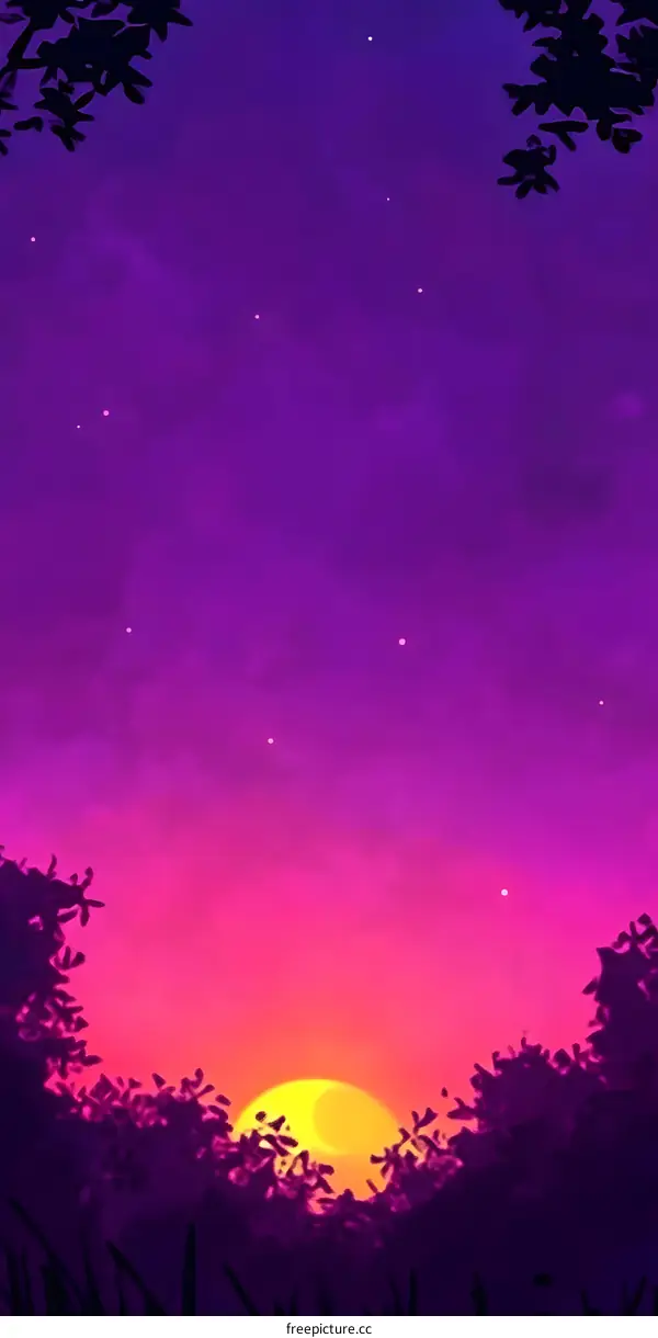 Purple Sunset with Silhouettes of Trees