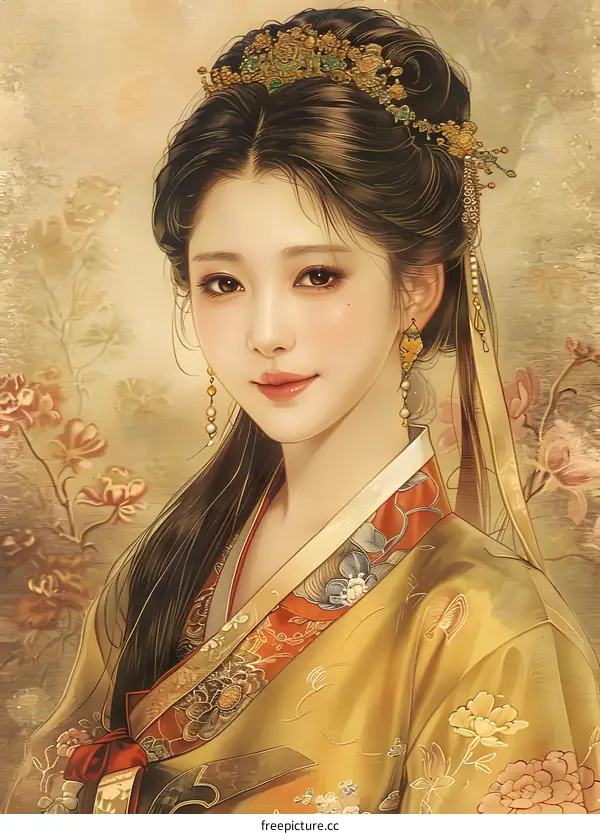 Portrait of a young chinese woman in traditional chinese dress, with flowers in her hair and a gentle smile on her face