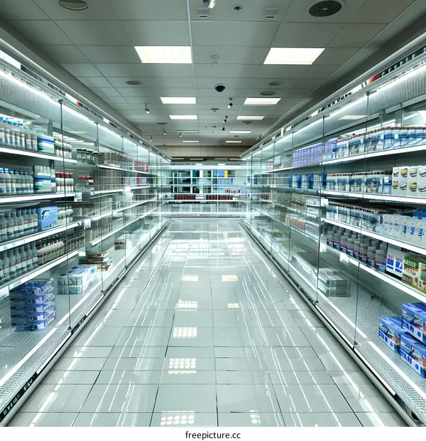 Empty Supermarket Aisle With Shelves Of Products
