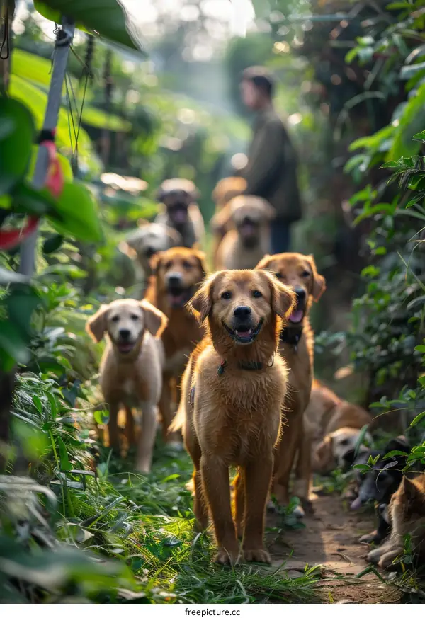 Group of Dogs Walking in a Green Path