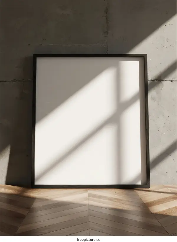Black frame with white canvas in interior space with concrete wall