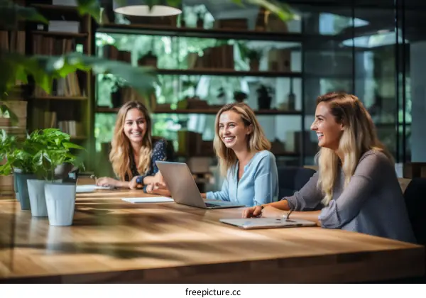 Three young businesswomen having a meeting in a modern office