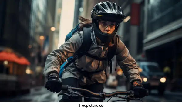 A cyclist rides through the city
