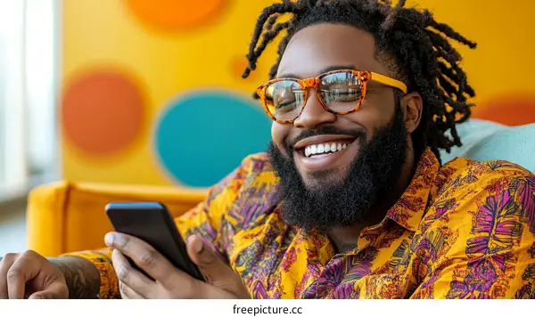 Happy Black Man Using Smartphone in Colorful Setting