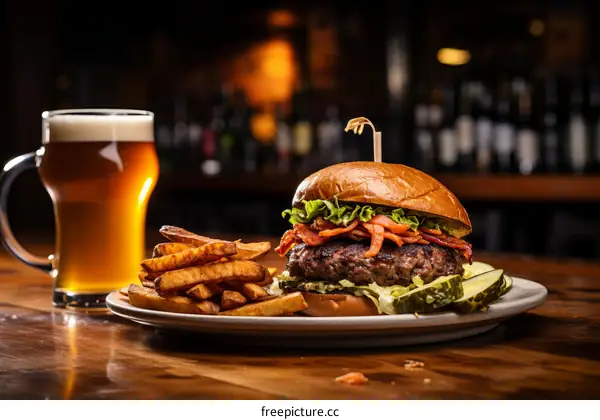 Juicy Bacon Cheeseburger with Fries and Beer