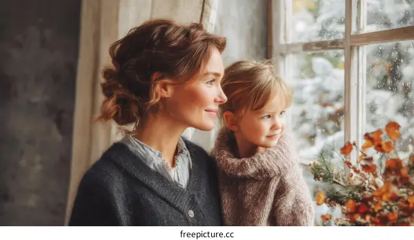 Mother and Daughter Looking out Window in Winter