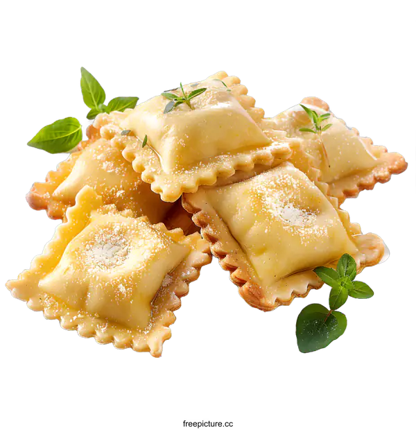 [Transparent Background PNG]Ravioli pasta with herbs on white