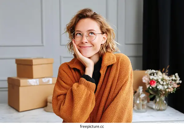Thoughtful Woman in a Cozy Orange Coat