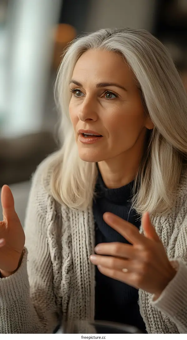 Closeup Portrait of a Woman with Grey Hair Speaking During a Conversation