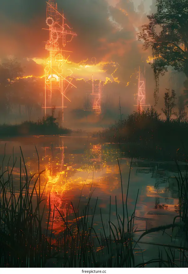 Neon Sunset Over Tranquil Lake