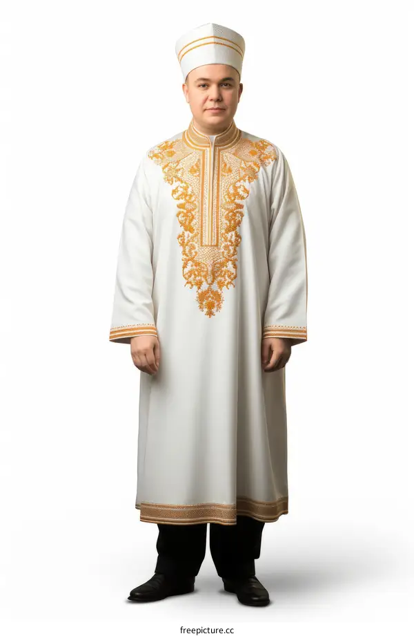 A Muslim man in a white robe and hat