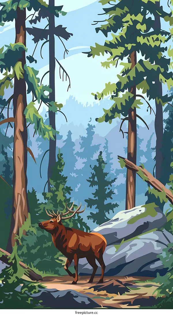Forest Deer Illustration With Green Pine Trees and Blue Sky