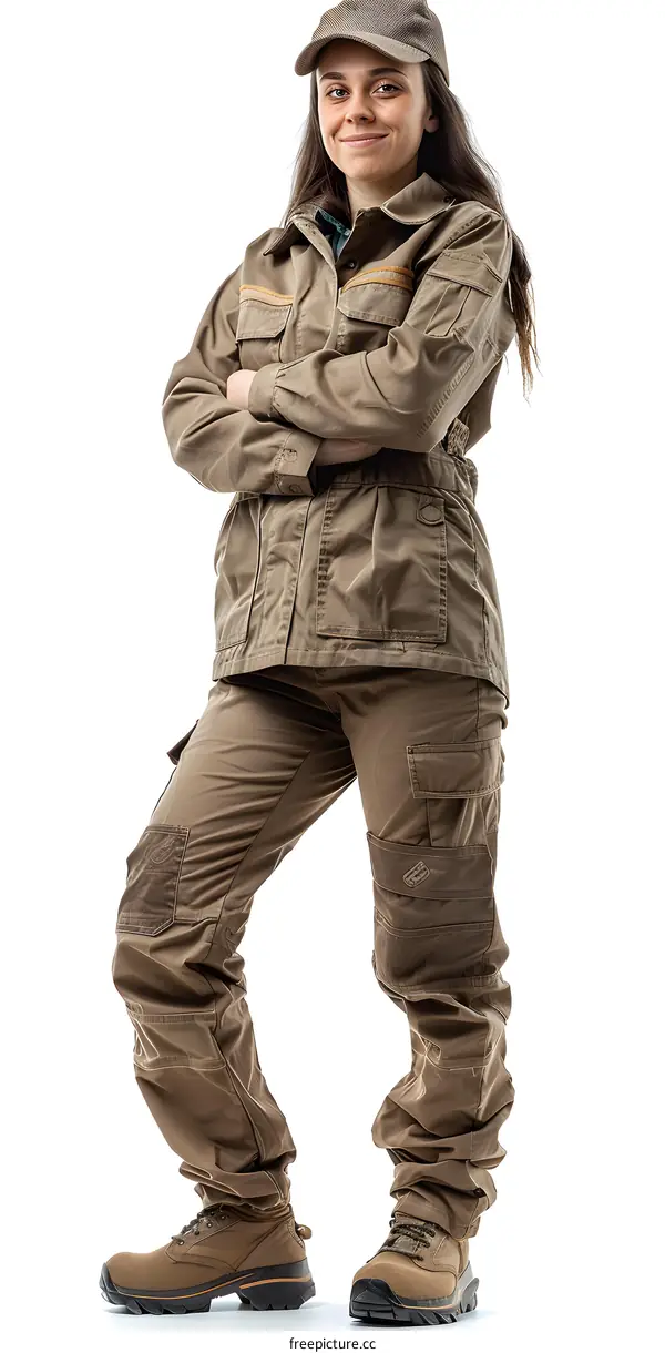 Confident Female Worker in Brown Uniform Posing