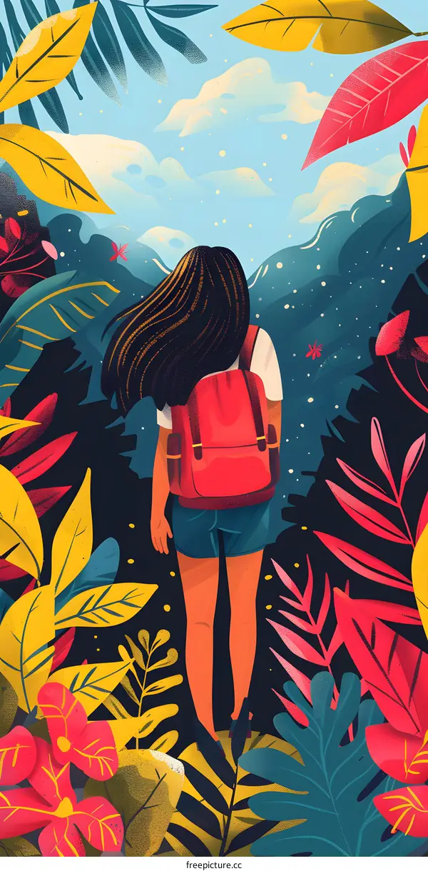 Woman with Backpack in Tropical Jungle Illustration