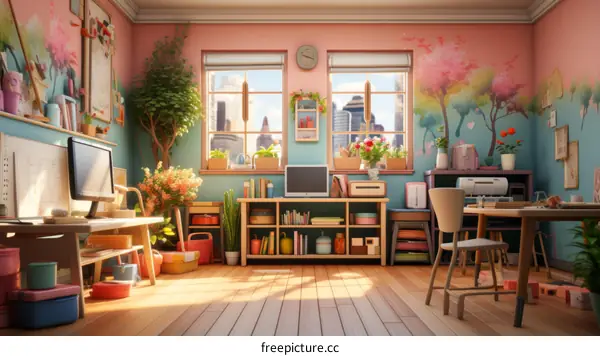 Cozy home office with a view of the city