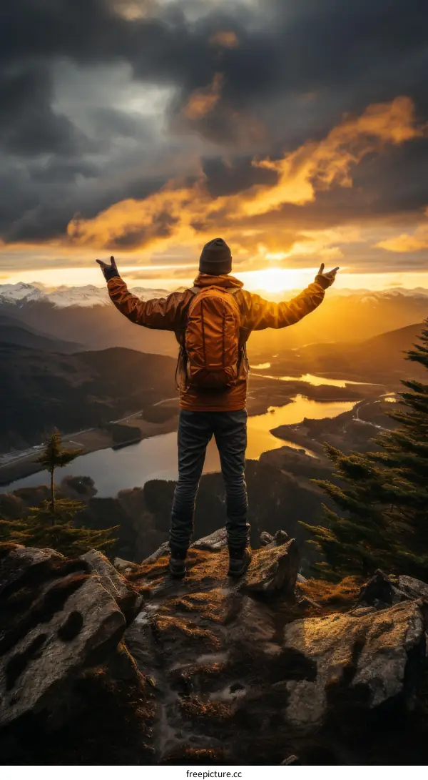 man standing on a mountaintop with his arms outstretched enjoying the sunset