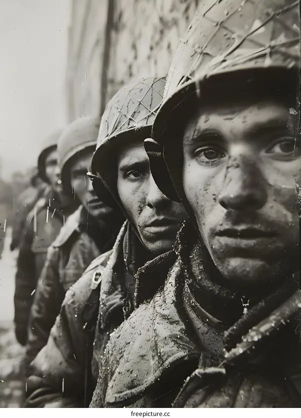 A group of soldiers in the rain