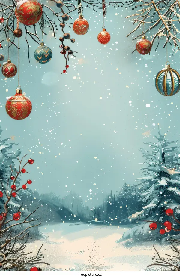 Christmas Decorations and Ornaments with Red Balls, Green Leaves and White Snow