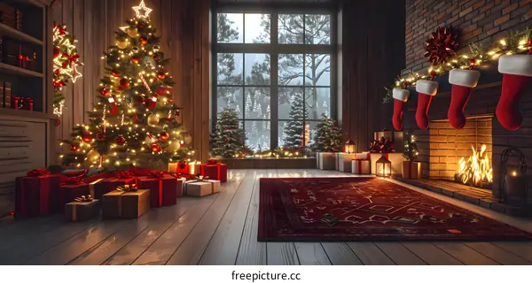 Christmas living room with decorated tree, presents and fireplace