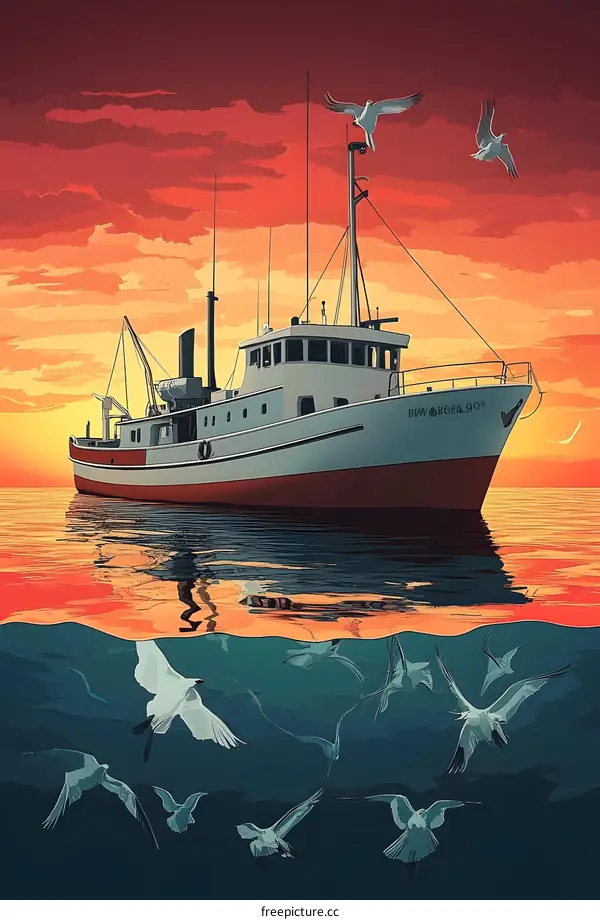 Fishing Boat Sunset Seagulls Illustration