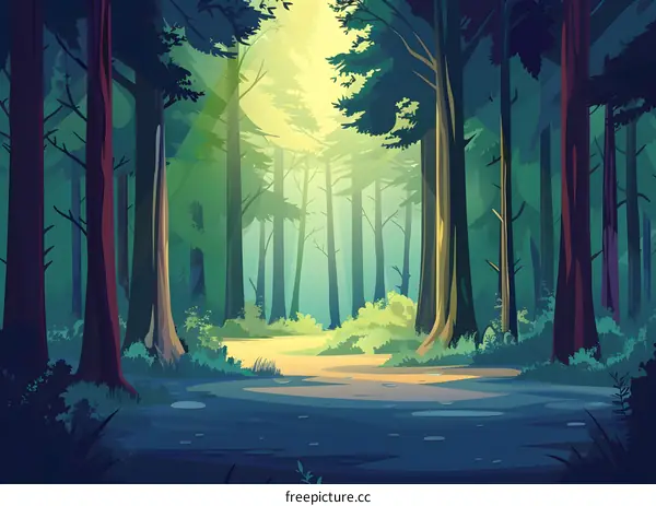 Forest Illustration with Sunlight Shining Through Trees