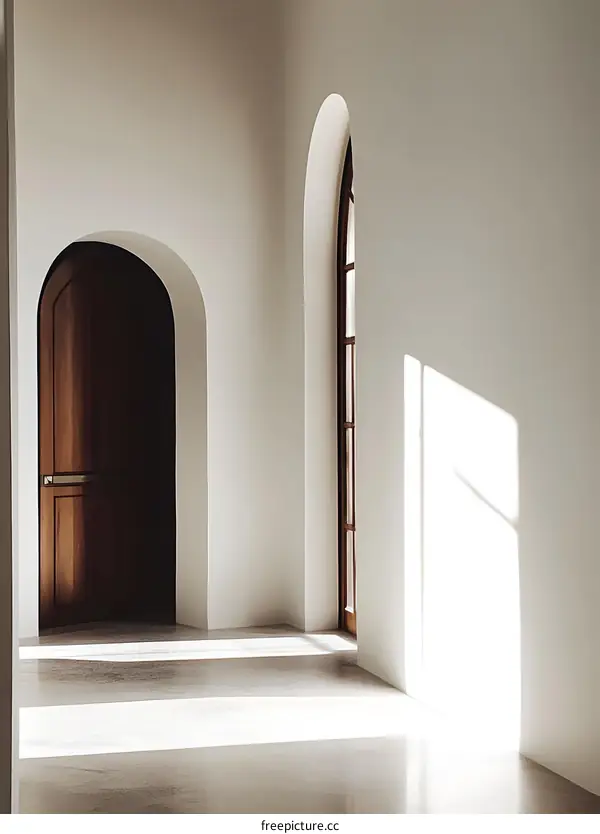 Sunlight Streaming Through Arched Doorways in a Minimalist Interior
