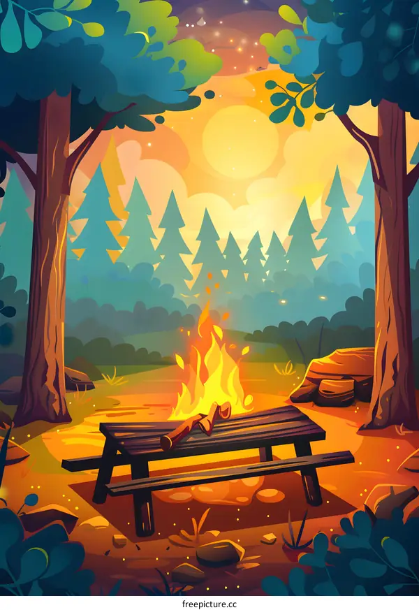 Campfire in the Forest with Table and Trees