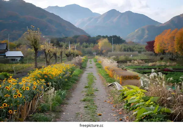 A dirt road through a rural Japanese flower farm with mountains in the distance