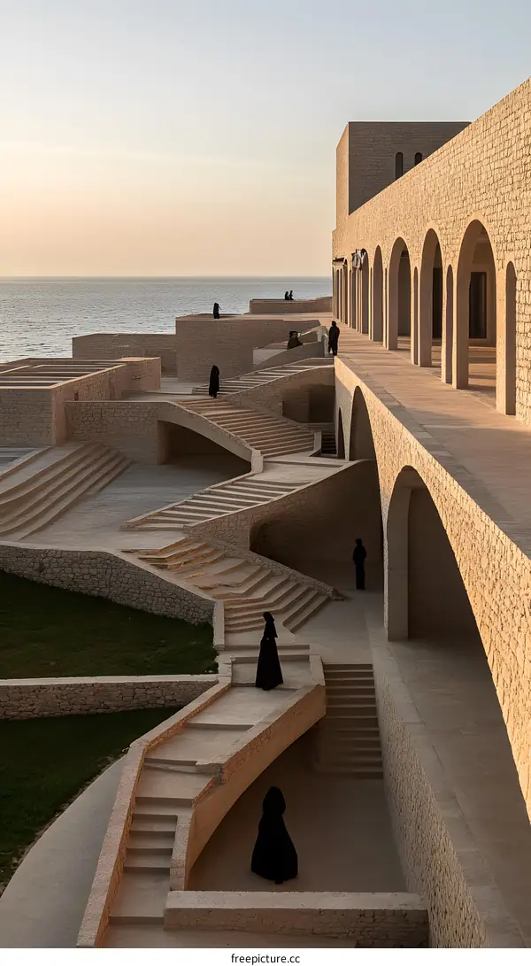 Modern Stone Architecture with Stairs and Arched Walkway overlooking the Sea at Sunset