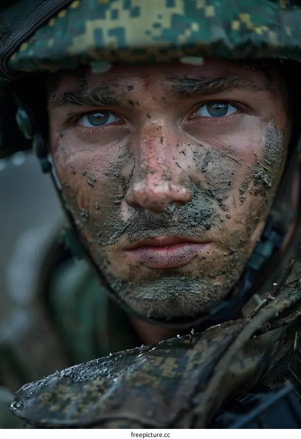 Portrait of a soldier with mud on his face