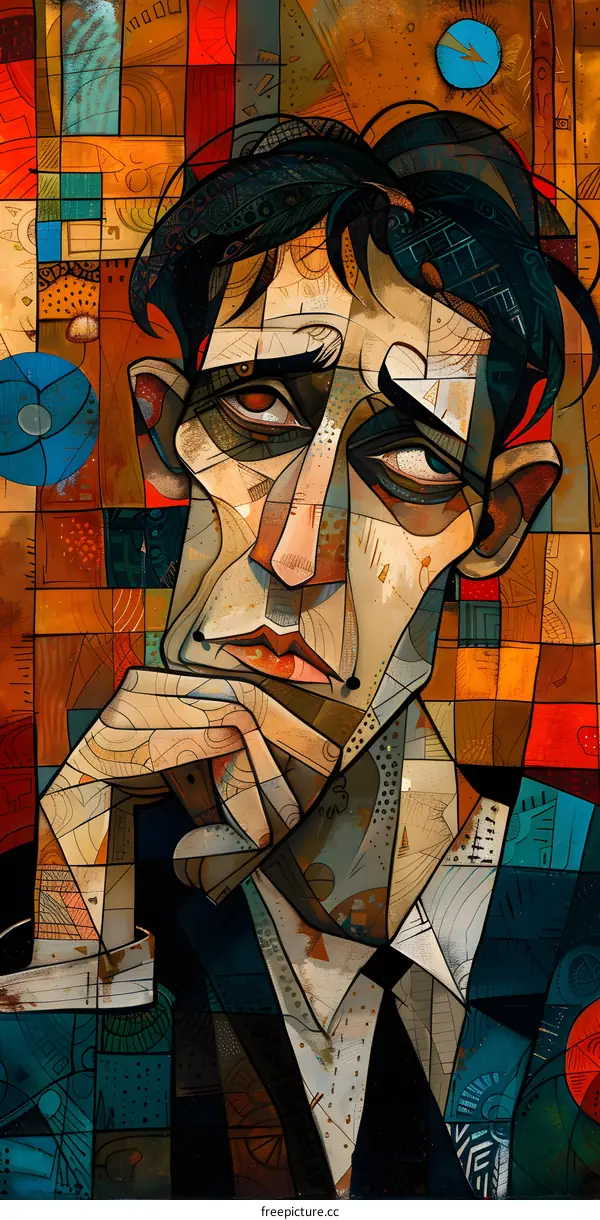 A portrait of a man with a red background