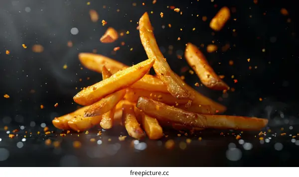 Russet potatoes cut into strips, fried in oil until golden brown and crispy
