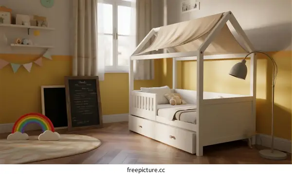 Modern Children's House Bed with Canopy in Bright Room