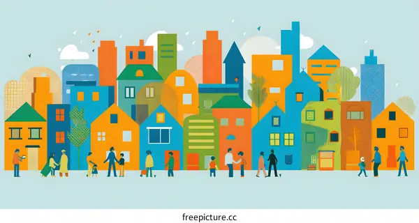 Colorful Illustration of a Diverse Neighborhood Community