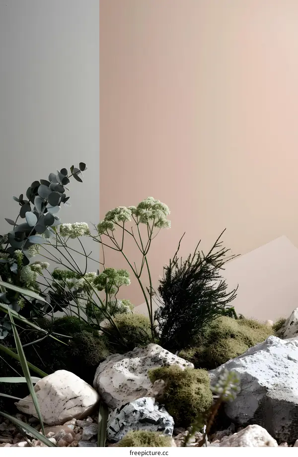 Green Plants and Stones with a Soft Beige and Grey Background