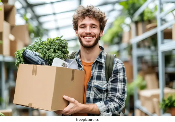 Moving Out, Man Carrying Cardboard Box with Belongings