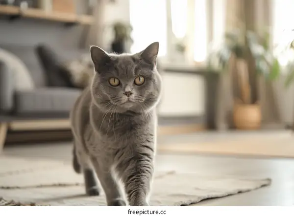 British Shorthair cat walking towards the camera in a living room