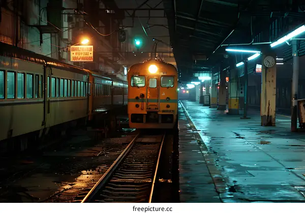 A yellow train is waiting at the station platform at night