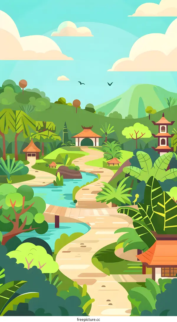 Beautiful Mountain Landscape with Winding Path and Pagoda