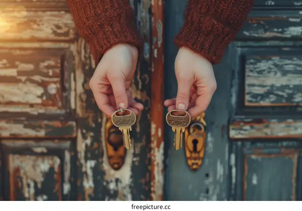 Woman's hands holding keys in front of a blue wooden door with white trim